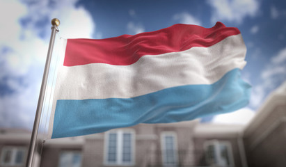 Fototapeta na wymiar Luxembourg Flag 3D Rendering on Blue Sky Building Background