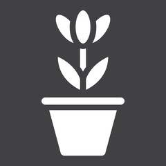 Flower in pot solid icon, plant and decor element, vector graphics, a filled pattern on a black background, eps 10.