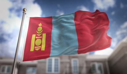 Fototapeta na wymiar Mongolia Flag 3D Rendering on Blue Sky Building Background