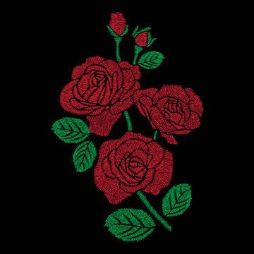 red rose bouquet embroidery artwork design for clothing, isolated flower vector on black background