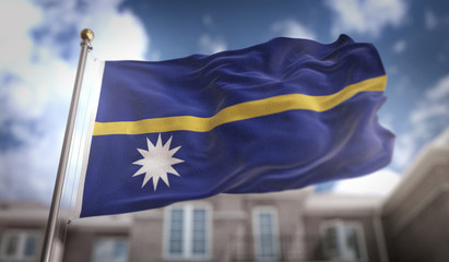 Fototapeta na wymiar Nauru Flag 3D Rendering on Blue Sky Building Background