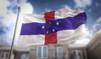 Netherlands Antilles Flag 3D Rendering on Blue Sky Building Background