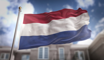 Fototapeta na wymiar Netherlands Flag 3D Rendering on Blue Sky Building Background