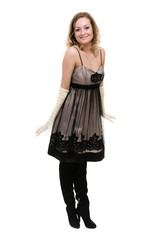 Sexy young woman in a little dress, isolated on white