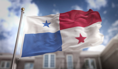 Plakat Panama Flag 3D Rendering on Blue Sky Building Background