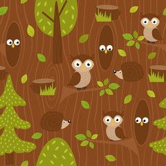 seamless pattern owl and hedgehog in forest - vector illustration, eps
