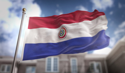 Fototapeta na wymiar Paraguay Flag 3D Rendering on Blue Sky Building Background