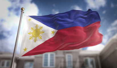 Fototapeta na wymiar Philippines Flag 3D Rendering on Blue Sky Building Background