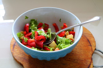 Salad sweet red pepper, leafs green salad and cheese with sauce of lemon and olive oil
