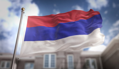 Fototapeta na wymiar Republika Srpska Flag 3D Rendering on Blue Sky Building Background