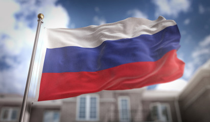 Fototapeta na wymiar Russia Flag 3D Rendering on Blue Sky Building Background