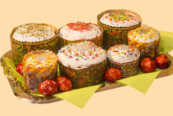 Easter cakes and painted eggs on a family holiday