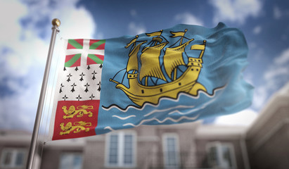 Saint Pierre and Miquelon Flag 3D Rendering on Blue Sky Building Background