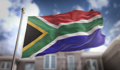 Fototapeta na wymiar South Africa Flag 3D Rendering on Blue Sky Building Background