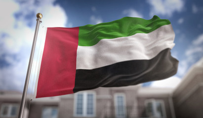 Fototapeta na wymiar United Arab Emirates Flag 3D Rendering on Blue Sky Building Background