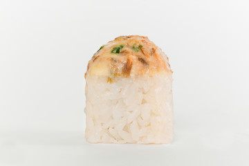 Japanese cuisine. One peace of sushi roll isolated on white background
