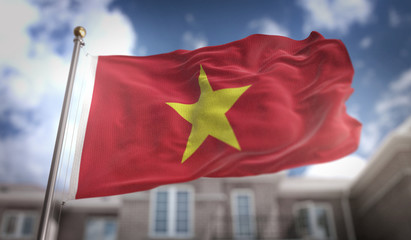 Fototapeta na wymiar Vietnam Flag 3D Rendering on Blue Sky Building Background