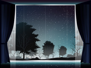 view of deep forest at night in room with large window
