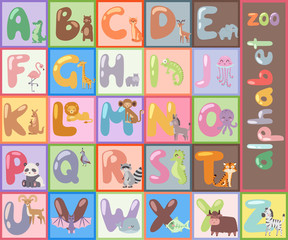 Fototapeta na wymiar Cute zoo alphabet with cartoon animals isolated and funny letters wildlife learn typography cute language vector illustration.