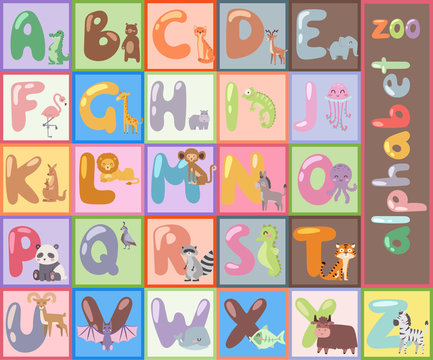 Cute zoo alphabet with cartoon animals isolated and funny letters wildlife learn typography cute language vector illustration.