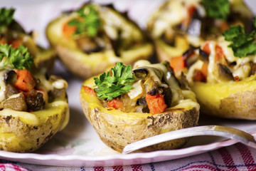 Baked potatoes stuffed with vegetables and cheese