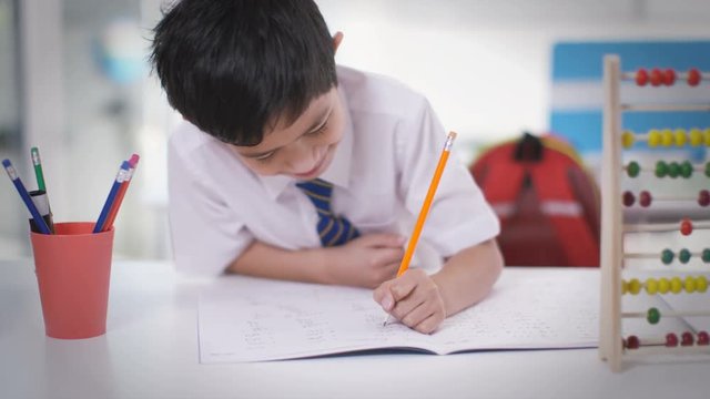  Portrait of happy little boy in classroom writing in exercise book