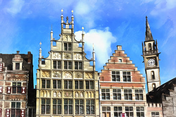 Colorful painting of houses at Graslei riverside