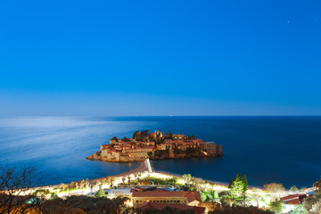 The island of Sveti Stefan at night. Montenegro, the Adriatic Sea, the Balkans.