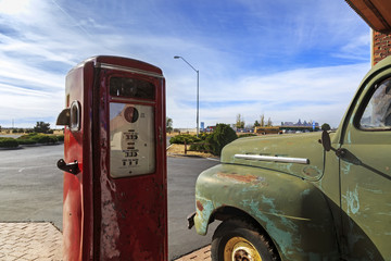 Vintage rusty truck on gas station in USA - 144615981