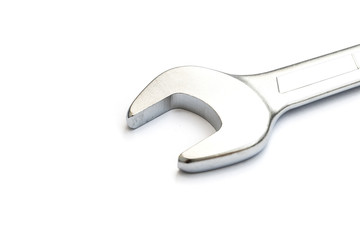 metal chrome wrench on white background