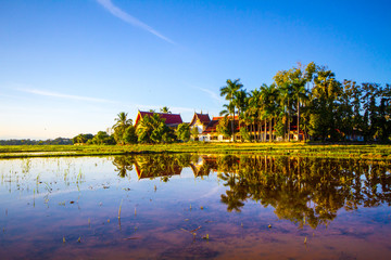 Reflection of Buddhist temple in Chiang Mai Province Northern Thailand