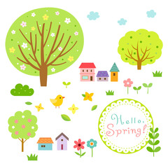 Spring village and nature elements set.