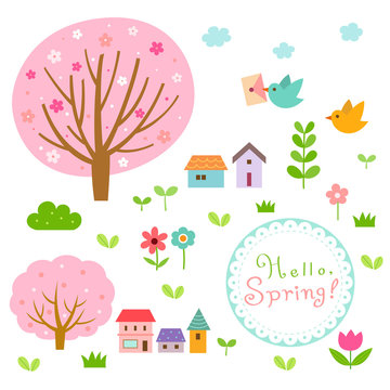 Spring village and floral nature elements set.
