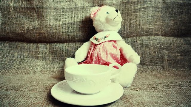 Vintage bear with a cup. Panoramic view.