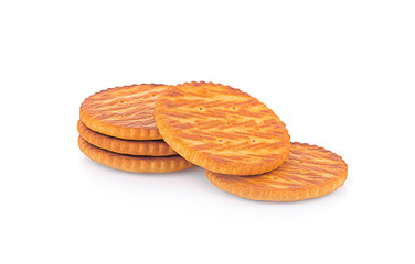 BISCUITS - A stack of delicious wheat round biscuits with a few crumbs isolated on white