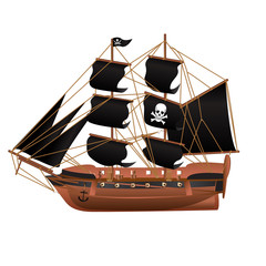 silhouette of a pirate ship with the image of a skeleton on the sail 