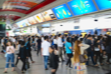 Blur people business crowded in station electric train morning time for Rush hour go to business