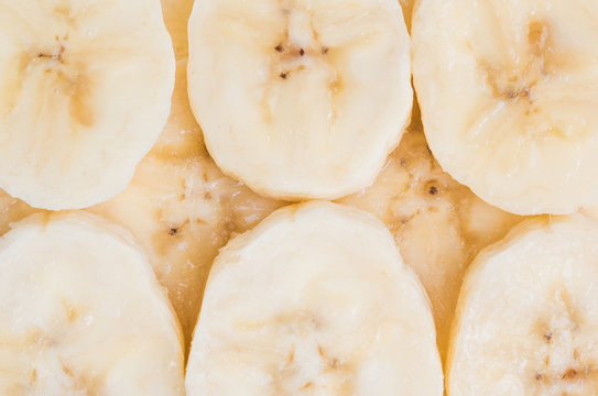 Food background of sliced banana closeup