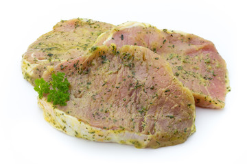 Pork chop, marinated. Isolated on the white background.