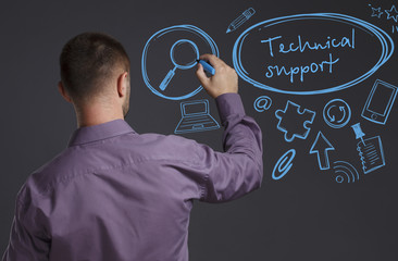 Business, Technology, Internet and network concept. A young businessman writes on the blackboard the word: Technical support