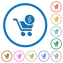 Checkout with Dollar cart flat round icons icons with shadows and outlines