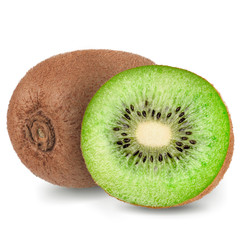 Ripe whole kiwi fruit and half kiwi fruit isolated on white background