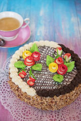 cakes on color background
