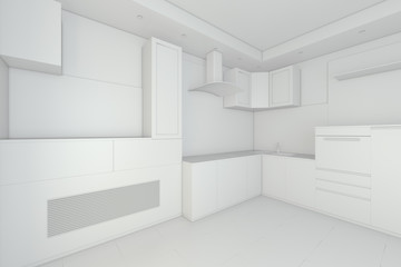 Modern white kitchen interior in minimalism style. 3d rendering.