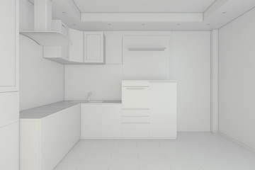 White kitchen. Glossiness interior 3D illustration. 3d rendering