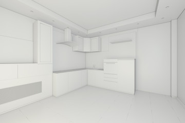 Interior design of clean modern white kitchen. 3d rendering.