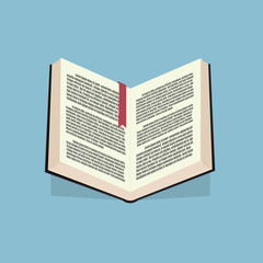 Open book with text on pages with a red bookmark on a blue background