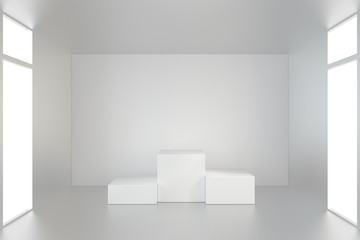 empty white room with a pedestal for presentation. 3d rendering.