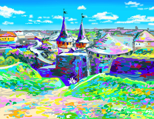 painting of old medieval castle in Kamenetz-Podolsky