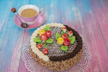 cakes on color background